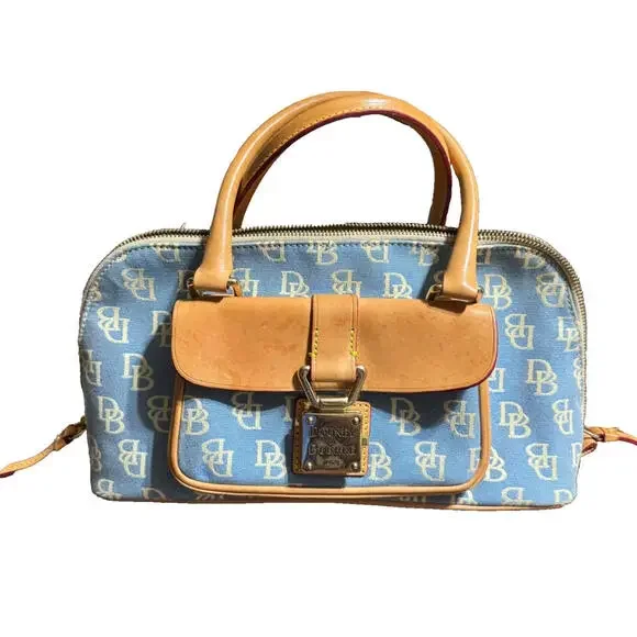 Dooney & Bourke Blue Canvas Leather DB Monogram Domed Satchel Handbag - Picture 2 of 15